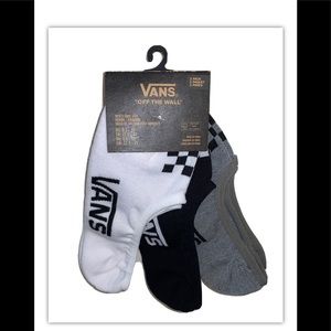 Vans No Show Socks 3Pair Men 9.5-13 White Black Gray w Logo & Checkerboard Skate
